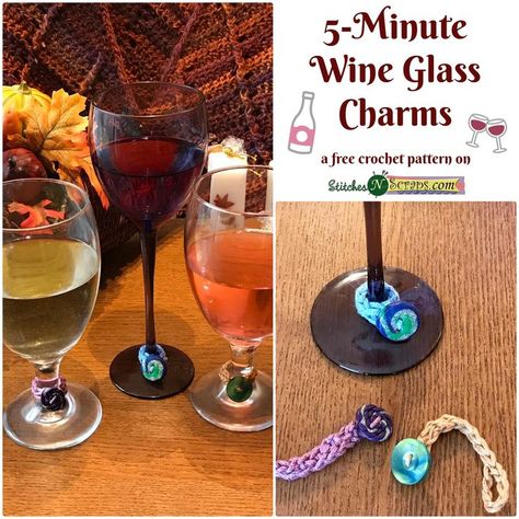 Crochet Wine Charms, Crochet Wine Glass Charms, Diy Wine Glass Charms, Crochet Stash Buster, Box Of Buttons, Scrap Rug, Wine Glass Ideas, Wine Charms Diy, Squishy Crochet