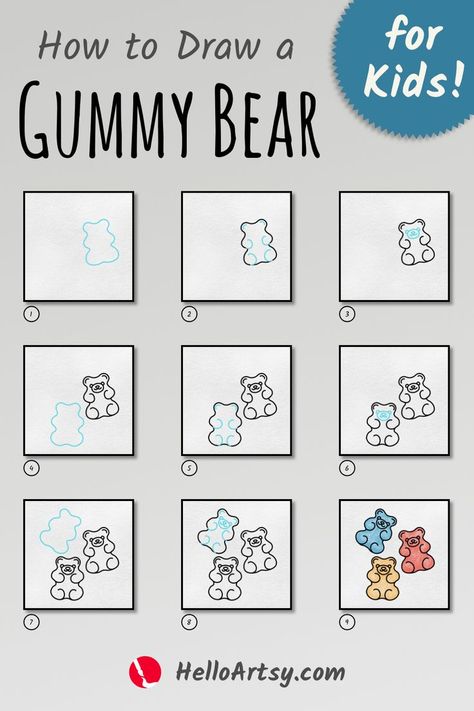 Step by step images demonstrating a how to draw a gummy bear - A Drawing Lesson for Kids! Gummy Bear Drawing, Candy Drawing, Bear Sketch, Draw A Face, Doodle Art For Beginners, Drawing Lessons For Kids, Drawing Lesson, Bear Drawing, How To Shade