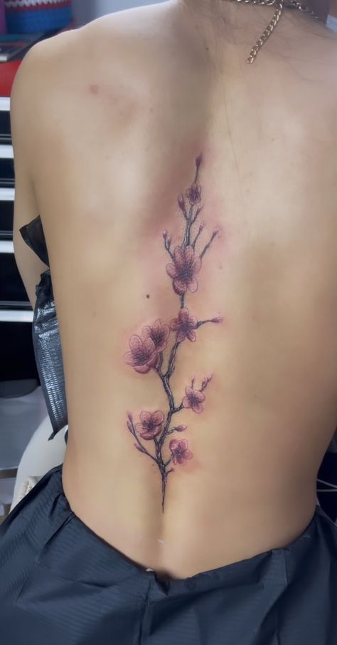 Back Cherry Blossom Tattoo Women, Spine Cherry Blossom Tattoos, Sakura Spine Tattoo, Spine Tattoo Cherry Blossom, Back Cherry Blossom Tattoo, Sakura Back Tattoo, Orchid Spine Tattoo, Cherry Blossom Tree Back Tattoo, Cherry Blossom Rib Tattoo