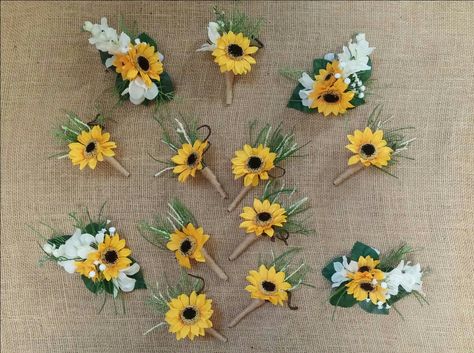 Mini Sunflower wrist corsages and boutonnieres. Woodsy, rustic and shabby chic. By Bride & Bloom, Gladwin Wedding Wrist Corsage, Jordan Wedding, Sunflower Wedding Decorations, Shabby Chic Wedding Decor, Wedding Flowers Sunflowers, Wrist Corsages, Sunflower Wedding Bouquet, Sunflower Themed Wedding, Mini Sunflowers