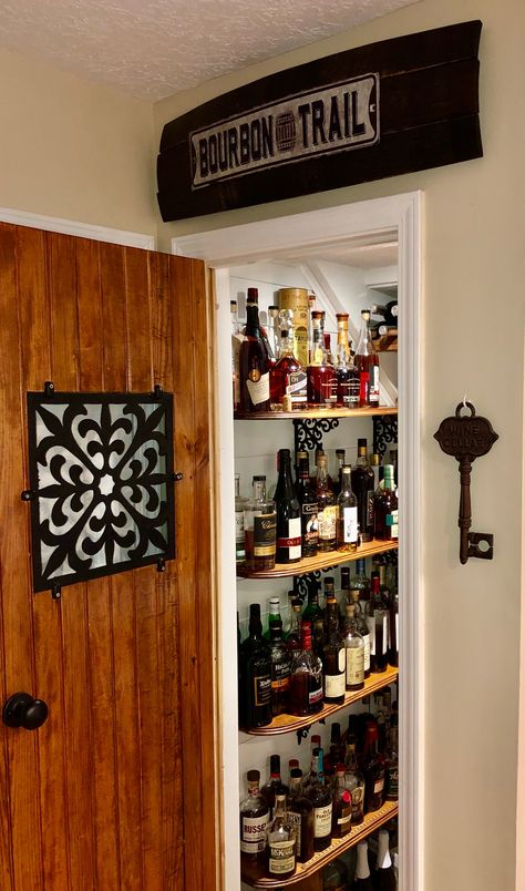 Diy Bourbon Cabinet, Bourbon Closet, Bourbon Room, Trail Signs, Dry Bar, Cabinet Decor, Diy Signs, Storage Cabinets, Bourbon