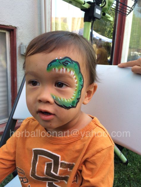 T-Rex design for younger kids herballoonart@yahoo.com T Rex Face Paint Easy, T Rex Face Paint, Face Painting Easy, Rave Makeup, Dinosaur Theme Party, Dinosaur Theme, Facepaint, Balloon Art, Theme Party