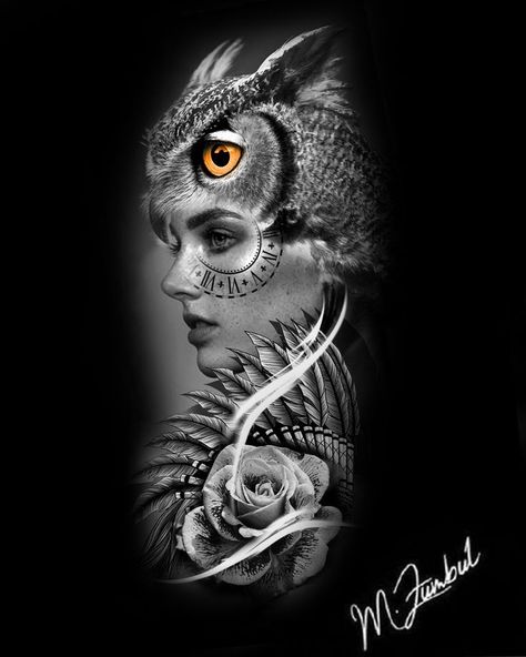 Owl Woman Tattoo, Owl Sleeve Tattoo Women, Realistic Owl Tattoo For Women, Owl Head Tattoo, Owl Woman, Jungle Woman, Betta Breeding, Potrait Tattoo, Realistic Owl Tattoo