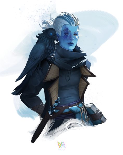 Raven Familiar Dnd Art, Dnd Genasi Air, Dnd Air Genasi Female, Air Genasi Male, Arcane Trickster Rogue, Air Genasi Female, Familiar Spell, Genasi Dnd, Raven Familiar