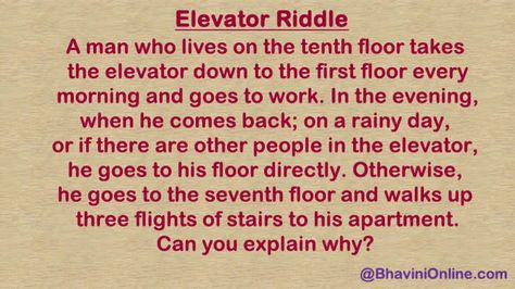 Whatsapp Riddle: The Famous Elevator Puzzle Story Riddles, When He Comes Back, Tough Riddles, Mystery Riddles, Riddle Puzzles, Brain Teasers Riddles, Travel Humor Quotes, Riddles To Solve, Halloween Quotes Funny