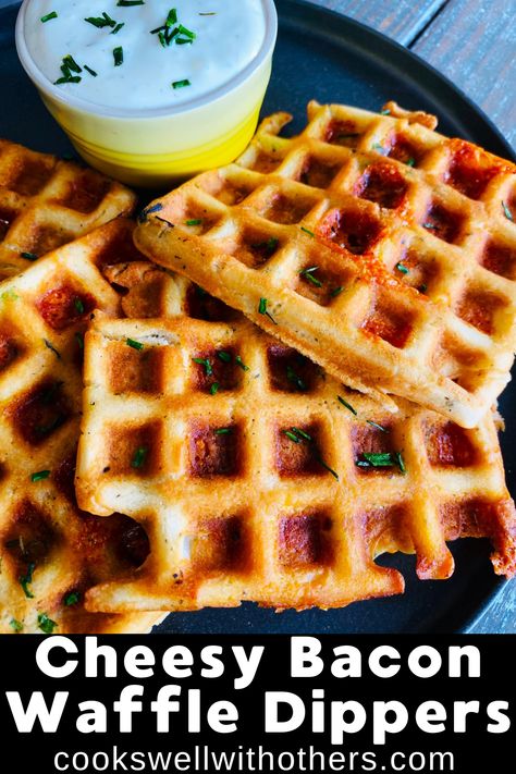 Cheesy Bacon Waffle Dippers is more of a brunch or lunch recipe, or maybe a fun snack… savory waffles with bacon, cheese, dipped in ranch Waffle Dippers, Snack Savory, Delicious Healthy Breakfast Recipes, Bacon Waffles, Easy Breakfast Smoothies, Savory Waffles, Lunch Recipe, Cheesy Bacon, Game Day Snacks