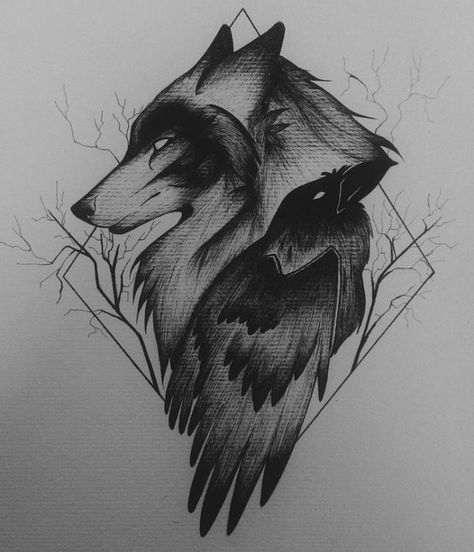 Wolf And Raven, Fenrir Tattoo, Lup Singuratic, Rabe Tattoo, Raven And Wolf, Kunst Tattoos, Illustration Tattoo, Crow Tattoo, Wolf Tattoo Design