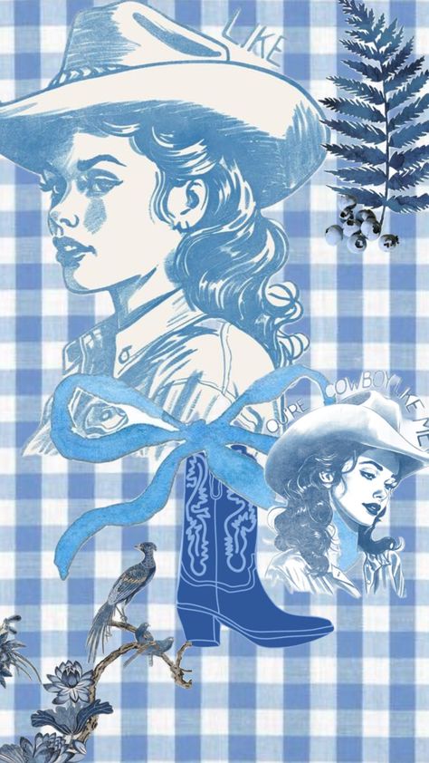 #cowgirl #cowgirlaesthetic #vintagecowgirl #blue #blueaesthetic #vintageblue #gingham #bows #cowgirlboots Western Cartoon, West Aesthetic, Patterns Wallpaper, Cowgirl Aesthetic, Vintage Cowgirl, Little Designs, Cute Patterns Wallpaper, Country Art, Dragonflies