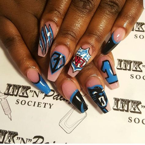 Carolina Panthers Nails, Nails Football, Panthers Nails, Football Nail Designs, Football Nails, Image Nails, Inspired Nails, Nails 2024, Football Design