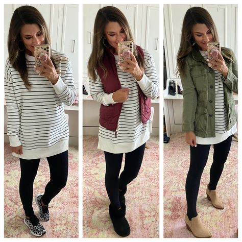 How to wear a striped tunic #justpostedblog #ShopStyle #shopthelook #MyShopStyle #OOTD #LooksChallenge #ContributingEditor #Lifestyle Fall Outfits For Women Over 50, Pull Bleu Marine, Fall Business Casual Outfits, Summer/fall Outfits, Fun Outfits, Stylish Fall Outfits, Dresses Fall, Transition Outfits, Va Va Voom