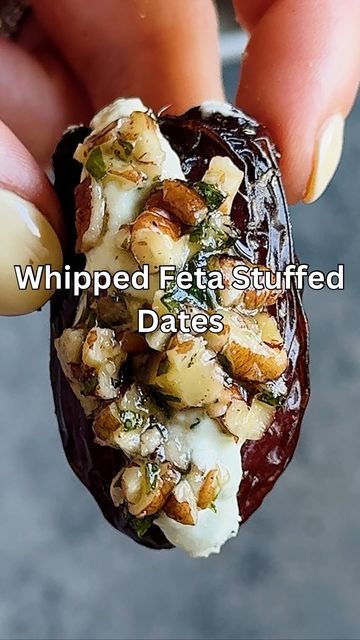 Whipped Feta Pistachio Dip, Whipped Herb Feta Stuffed Dates, Feta Parmesan Roasted Stuffed Dates, Greek Feta Recipes, Feta Stuffed Dates, Savory Stuffed Dates, Whipped Feta Appetizer, Stuffed Dates Recipes Appetizers, Date Appetizers