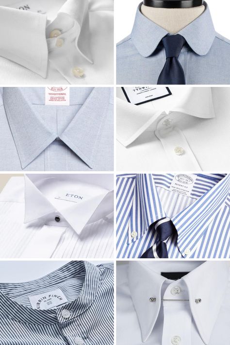 Find out about the wide range of different dress shirt collars available for men. From your typical spread collar to the head turning pin collar, we break them all down for you. Read about the individual collar styles and what collar style suits which face shape on the site today. Men’s Shirt Collar Styles, Mens Dress Shirt Collar Types, Collar Styles Mens, Tab Collar Shirt Men, Mens Shirt Collar Styles, Spread Collar Shirt Men, Collar Pins For Men, Club Collar Dress Shirt, Dress Shirt Collar Styles