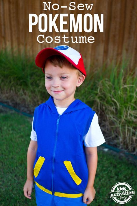 No-Sew Pokemon Ash Ketchum Costume Ash Ketchum Costume Kids, Pokemon Costumes For Boys, Pikachu Costume Kids, Pokemon Costumes Kids, Pokemon Halloween Costumes, Ash Pokemon Costume, Pokemon Costumes Diy, Ash Ketchum Costume, Pokemon Trainer Costume