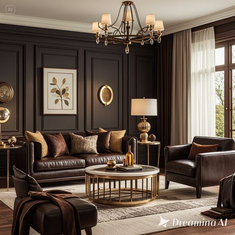 Dark Chocolate Living Room, Brown Minimalist Living Room, Dark Oak Living Room Ideas, Chocolate Home Decor, Brown Toned Living Room, Brown Lounge Ideas, Dark Brown Leather Sectional Living Room, Dark Brown Living Room Walls, Chocolate Living Room Ideas