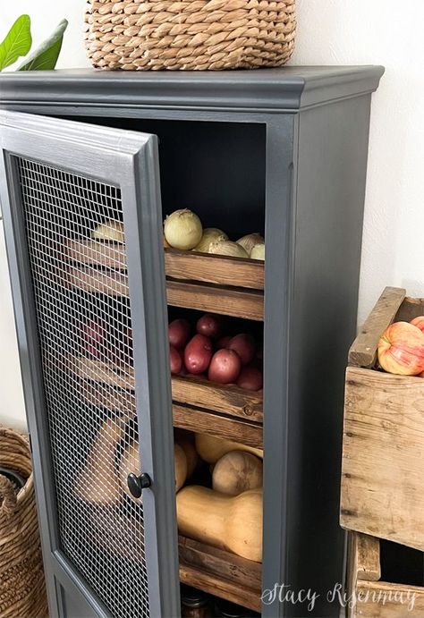 Discover the secret to perfectly organized vegetables in your home with the DIY Vegetable Storage Cabinet by Stacy Risenmay. This beautiful and functional piece will not only help you save space but will also keep your veggies fresh and crisp, ready for your next meal! Outside Pantry Storage Ideas, Kitchen Storage Cabinets Farmhouse, Onion Rack Storage Ideas, Diy Veggie Storage, Modular Kitchen Vegetable Storage, Food Storage Furniture, Fruits Storage Kitchen, Diy Root Vegetable Storage Bin, Wood Kitchen Storage Cabinets