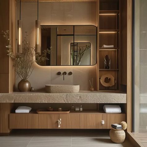 Small Bathroom Japanese, Japandi Interiors Bathroom, Wabi Sabi Interior Bathroom, Small Bathroom Aesthetic, Japandi Style Bathroom, Japandi Style Interior Design, Farmhouse Small Bathroom Ideas, Japanese Style Interior Design, Japandi Bathroom Design