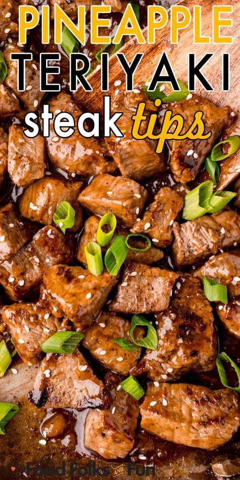 Teriyaki Steak Tips, Teriyaki Steak Bites, Pineapple Teriyaki Sauce, Pineapple Teriyaki, Sirloin Steak Recipes, Teriyaki Steak, Beef Tip Recipes, Steak Bites Recipe, Steak Tips