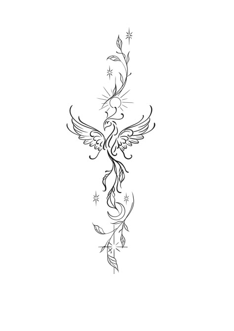 Phoenix Tattoo Feminine Sternum, Phoenix Tattoo Design Fine Line, Fairy Spine Tattoos For Women, Fine Line Dragon Spine Tattoo, Phoenix Tramp Stamp Tattoo, Inspo Tattoo, D Tattoo, Art Tattoos, Tattoo Inspo