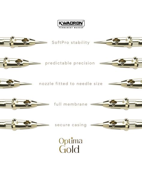 Beauty Group news - KWADRON OPTIMA GOLD Cartridges! 🌟 Introducing Optima Gold: ultra-precise cartridges for permanent makeup, providing perfectly soft and satin effects 💫 Harnessing the innovative SoftPro system, Kwadron Optima Gold cartridges secure the primary pigment needle with additional components, ensuring needle stability and integrity. This technological advancement maintains meticulous precision, facilitating seamless pigment application. Optima Gold cartridges are perfect for all ... Pmu Needles, Technological Advancement, Makeup Supplies, Tattoo Needles, Beauty Devices, Tattoo Supplies, Tattoo Machine, Permanent Makeup, Microblading