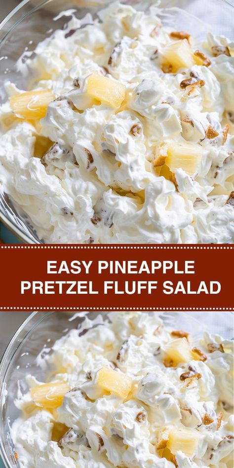 Looking for a crowd-pleasing dessert that's easy to make and bursting with flavor? Try our Easy Pineapple Pretzel Fluff Salad recipe! This delightful treat features a crunchy pretzel crust topped with a creamy mixture of cream cheese, crushed pineapple, and whipped topping. It's the perfect blend of sweet, salty, and tangy flavors that everyone will love. Food For Reunion Easy Recipes, Creamy Pineapple Salad, Pineapple Fluff Recipe With Pretzels, Pineapple Pretzel Salad Recipe, Pineapple Fluff Recipe Cream Cheese, Pineapple Fluff Recipe Cool Whip, Fluff Desserts Cool Whip, Pretzel Crust Dessert, Pretzel Fluff Salad