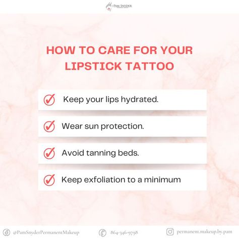 Have you received a lipstick tattoo procedure recently and are not sure on how to do aftercare? Check out this list on keeping your tattooed lips looking lush and pretty! Lipstick Tattoo, Lip Blushing, Lipstick Tattoos, Tanning Bed, Tattoo Aftercare, Tanning, Sun Protection, Lush, Blush