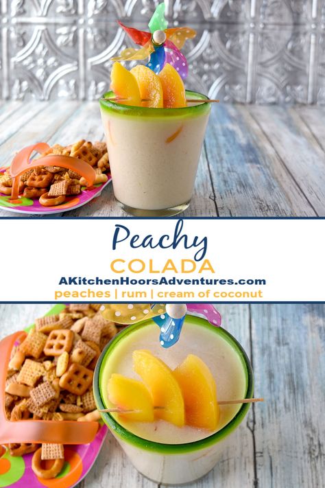 Peachy Colada has simple ingredients and tastes perfectly delicious. Made with frozen peaches, 2 types of rum, and crema of coconut, it’s a refreshing summer colada you’ll enjoy. #OurFamilyTable #pinacolada #peach #cocktail #summerdrink Peach Colada Recipe, Frozen Peach Cocktail, Peach Schnapps Drinks, Peach Cocktail Recipe, Cocktails With Malibu Rum, Peach Rum, Colada Drinks, Malibu Rum Drinks, Malibu Cocktails