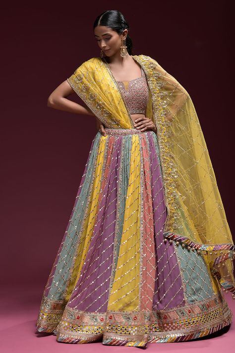 Buy Multicolour Mirror Embroidered Georgette Sangeet Lehenga Online | Samyakk Rainbow Lehenga, Sangeet Night Outfit, Multicolour Lehenga, Simple Lehenga Choli, Mehendi Dress, Sangeet Lehenga, Sangeet Night, Blouse Designs High Neck, Simple Lehenga