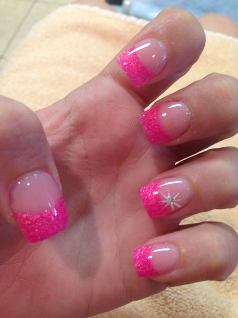 Hot Pink Nail Tips French, Hot Pink Glitter French Tip Nails, Hot Pink French Tip Nails Short, Pink Glitter Tip Nails, Pink Tips Nails, Nostalgia Nails, Pink Vday Nails, Pink Glitter French Tip Nails, Hot Pink Glitter Nails