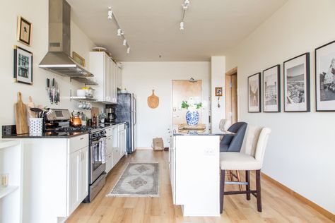 An Elegant & Eclectic Minneapolis Apartment: gallery image 15 Small Living Kitchen Combo, Kitchen Living Room Dining Room Combo, Minneapolis Apartment, Small Living Room Dining Room Combo, Small Living Room Dining Room, Small Living Dining, Elegant Eclectic, Narrow Living Room, Living Room Dining Room Combo