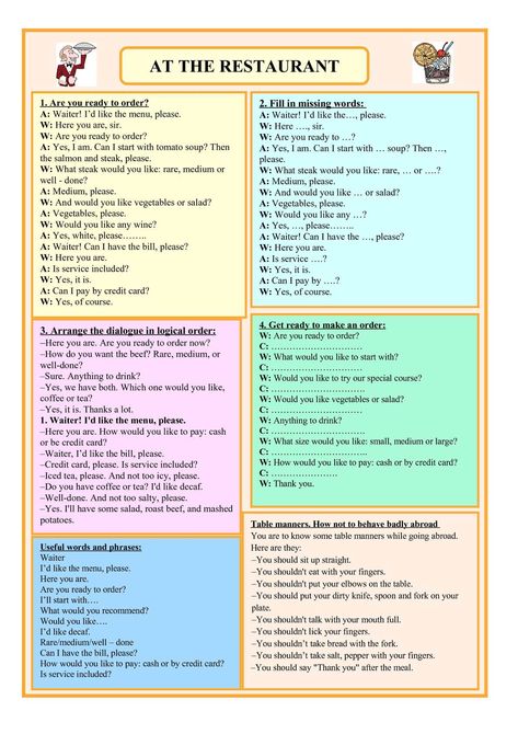 AT THE RESTAURANT 1. Are you ready to order? A: Waiter! I’d like the menu, please. W: Here you are, sir. W: Are you ready to order? A: Yes, I am. Can I start with tomato soup? Then the salmon and steak, please. W: What steak would you... Waitress Conversation, Conversation At The Restaurant, Ordering At A Restaurant, Restaurant Dialogue English, Restaurant Conversation English, Are You Ready, Restaurant English, Restaurant Menu Ideas, English Conversation Learning
