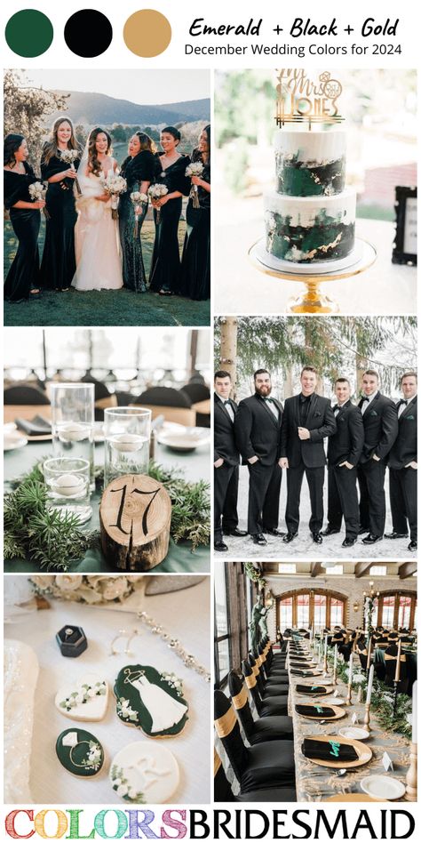 chairs. Wedding Color Schemes December, Black And Green Winter Wedding, Wedding Cake Green Gold, Gold Wedding Plates, February Wedding Colors, December Wedding Colors, Wedding Cake Emerald Green, Black Groomsmen Suits, December Background