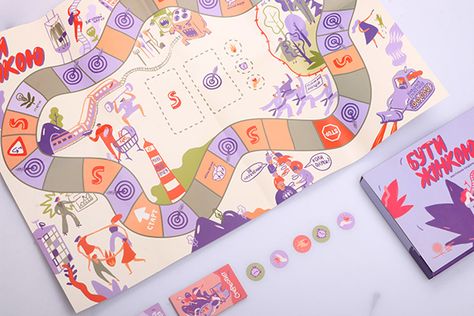 Board game "To be a Woman" on Behance Magic Board Game, Game Guide Design, Board Game Branding, Creative Board Game Design, Pretty Board Games, Board Game Design Inspiration, Board Game Design Illustration, Board Game Box Design, Board Game Graphic Design