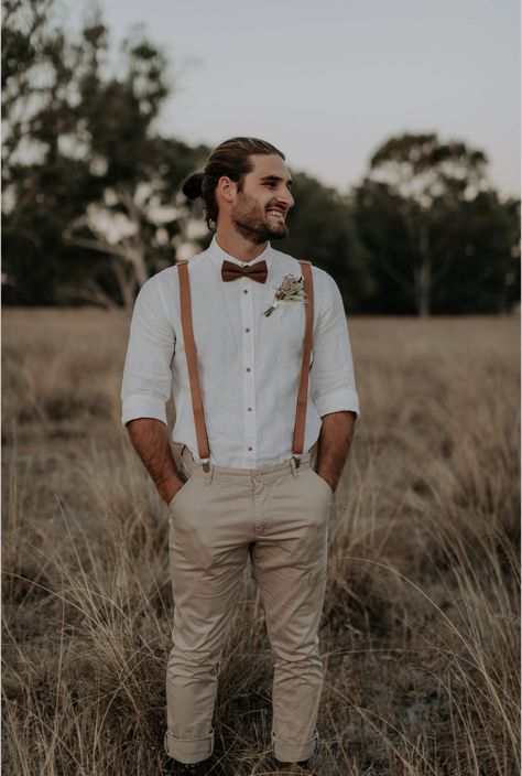 Rustic Wedding Suits Groom Style, Boho Elopement Mens Attire, Non Suit Wedding Grooms, Groom With Best Man, Light Tan Wedding Suit, Groomsmen Party Ideas, Mens Wedding Suits Rustic, Light Groomsmen Suits, Boutennaire Wedding