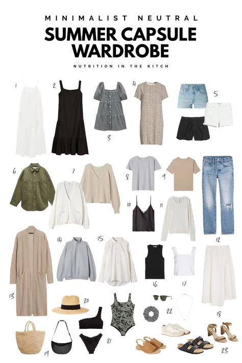 This simple summer capsule wardrobe is neutral, minimal, sophisticated and practical! Perfect for mom, work from home, women on the go, and those who love a minimalist look. Get inspiration for outfits and learn how to streamline your wardrobe! (2021) Create Capsule Wardrobe, Minimal Stil, Spring Summer Capsule Wardrobe, Korean Summer Outfits, Winter Typ, Summer Outfits Women Over 40, Summer Outfits For Moms, Summer Capsule, Simple Summer