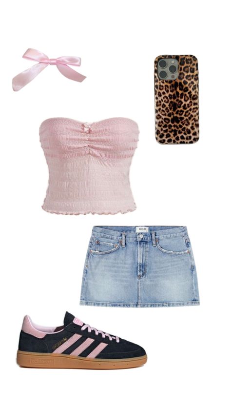 spezials denim skirt pink tube top bow leopard print Pink Tube Top Outfit, Tube Top Outfit Ideas, Outfits With Denim Skirt, Pink Summer Outfits, Tube Top Outfits, Pink Tube Top, Outfit Boards, College Closet, Preppy Things