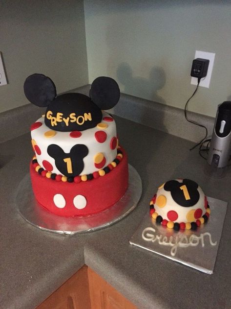 Mickey Mouse First Birthday Cake, Mickey Mouse 1st Birthday Cake, Mickey Mouse Cakes, 1st Birthday Cake Ideas, Birthday Cake Mickey Mouse, Mickey Mouse Smash Cakes, Cake Mickey Mouse, Mickey First Birthday, Mickey Mouse Birthday Cake