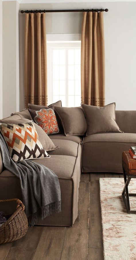 Massoud Carson Sectional #home #decor #living #room Mocha Couch Living Room Color Schemes, Mocha Couch Living Room, Living Room Floor Tiles, Room Floor Tiles, Tiles Living Room, Curtains Living Room Modern, Living Room Orange, Living Room Color Schemes, Couch Living Room