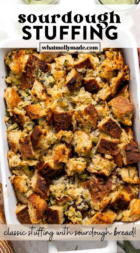 Sourdough is all the rage for a reason, and it makes this sourdough stuffing even better than traditional stuffing. The rich buttery vegetables, fresh herbs, and sourdough bread make this the best Thanksgiving stuffing. It's worthy of becoming a a holiday staple you pass down! Easy Sourdough Stuffing Recipe, Homemade Stuffing With Sourdough, Stuffing Sourdough Bread, Foccacia Bread Stuffing, Trader Joe’s Stuffing Recipe, Stuffing With Fresh Bread, Sourdough Bread Stuffing Recipe, Stuffing Bread Recipes, Sourdough Stuffing Recipes