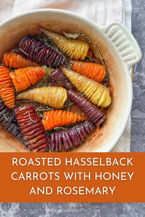 Roasted Hasselback Carrots With Honey And Rosemary Smashed Roasted Carrots, Heirloom Carrots Recipe, Hasselback Carrots, Carrots With Honey, Hasselback Sweet Potatoes, Rainy Day Recipes, Carrots Side Dish, Roasted Root Veggies, Sweet Potato Thanksgiving