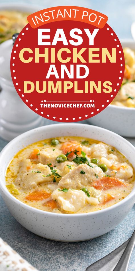 Craving an easy, comforting meal? Look no further than Instant Pot Chicken and Dumplings! Chock full of tender chicken, fluffy dumplings, and colorful veggies, it can be on your table in about 30 minutes. Easy Chicken And Dumplins, Instapot Chicken And Dumplings, Instapot Chicken Soup, Recipe Using Canned Biscuits, Quick Chicken And Dumplings, Using Canned Biscuits, Chicken Stew And Dumplings, Instant Pot Chicken And Dumplings, Dumplings Easy