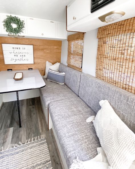 See how an accountant with a passion for DIY renovated this small camper for her recently retired parents! Renovation and Photo from @brunoandlibby #camperrenovation #camper #glamping #rvinspiration #rvredo #rvreno #tinyhome #moderncamper #designvibes Camper Banquette Remodel, Grey Camper Interior, Small Camper Ideas, Small Camper Interior, Rv Glamping, Camper Restoration, Cat Mobile, Motorhome Remodel, Rv Redo