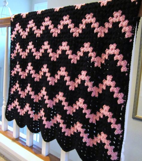 Black Crochet Blanket, Pink And Black Crochet, Chevron Crochet Blanket, Crochet Blanket Chevron, Caron Yarn, Blanket Afghan, Chevron Crochet, Crocheted Blanket, Pink And