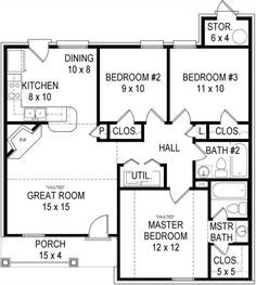 Country House Plan - 3 Bedrooms, 2 Bath, 1039 Sq Ft Plan 6-1921 1000 Sq Ft House Plans, 1000 Sq Ft House, Three Bedroom House Plan, Narrow Lot House, 1000 Sq Ft, Small House Layout, House Plans 3 Bedroom, Country Style House, Small House Floor Plans