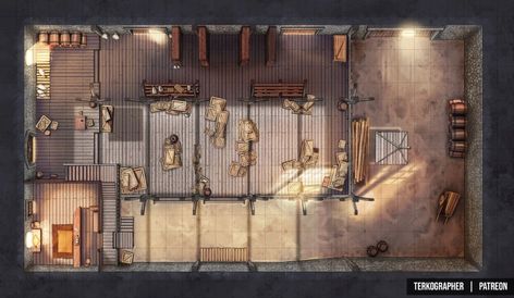 DND Battlemap - Warehouse [31x18] - dnd5e post - Imgur Warehouse Battlemap, Cartographers Guild, Pen And Paper Games, Building Map, Dnd World Map, Virtual Tabletop, Map Pictures, Rpg Maps, Dungeon Maps