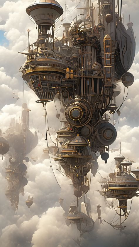 Floating City Aesthetic, Steampunk Floating Island, Steampunk Sky City, Steampunk Flying City, Futuristic Steampunk Aesthetic, Steam Punk Background, Steampunk Architecture Concept Art, Steampunk Floating City, Steampunk Magic Fantasy Art