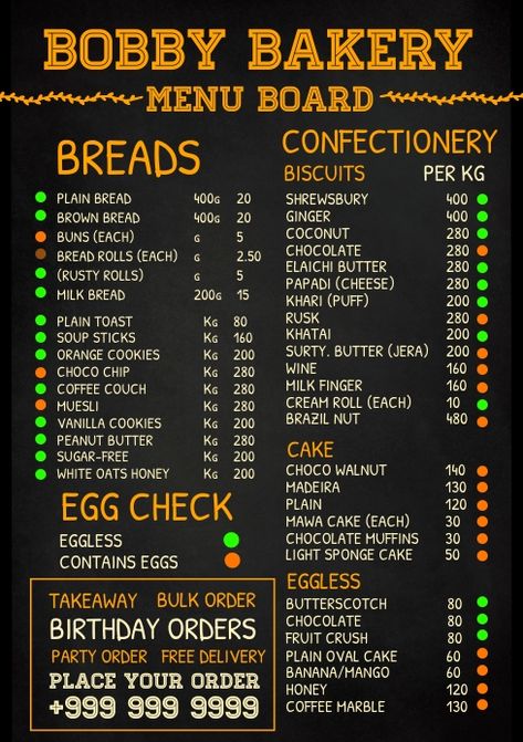 Bakery Menu Board, Home Bakery Menu Ideas, Bakery Menu Ideas, Plain Bread, Food Business Ideas, Orange Cookies, Bakery Menu, Board Template, Choco Chips