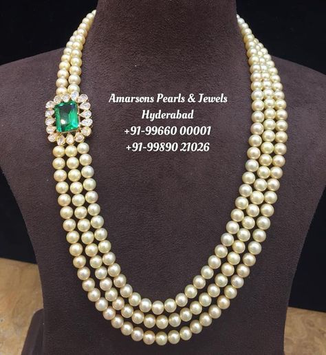 Three line south sea pearl necklace with side pendant studded with polki diamonds and emerald by Amarsons pearls & jewels. Amarsons Jewellery, Pearl Necklace Indian, Haram Designs, Pearl Mala, South Sea Pearl Necklace, Gold Pearl Jewelry, 17 December, Pearl Jewelry Design, Info Whatsapp