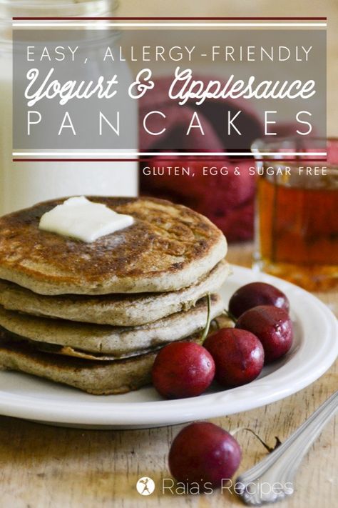 These Easy Yogurt & Applesauce Pancakes are the perfect, allergy-friendly breakfast! RaiasRecipes.com Breakfast Bowl Egg, Applesauce Pancakes, Family Friendly Breakfast, Clean Treats, Breakfast Coffee Cake, Homemade Cereal, Grain Free Breakfast, Breakfast Casserole Bacon, Breakfast Board