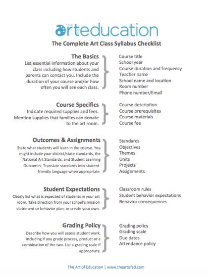 Create a Syllabus That Your Students Will Actually Want to Read - Click to download free syllabus checklist! Art Curriculum Planning, Art Syllabus, Class Syllabus, Art Rubric, Art Classroom Management, Art Teacher Resources, High School Art Lessons, Curriculum Planning, Art Education Resources