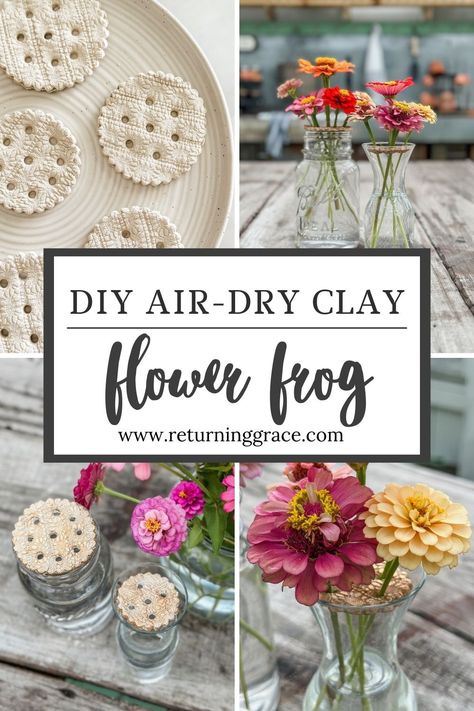 If you love arranging flowers and want a stylish way to keep them in place, this DIY flower frog made with air dry clay is just the thing. Diy Flower Frog Clay, Clay Flower Frog Tutorial, Diy Clay Flower Frogs, Flower Frogs Diy, Air Dry Clay Flower Frog, Flower Frog Diy, Clay Projects For Adults, Clay Flower Frog, Diy Flower Frog